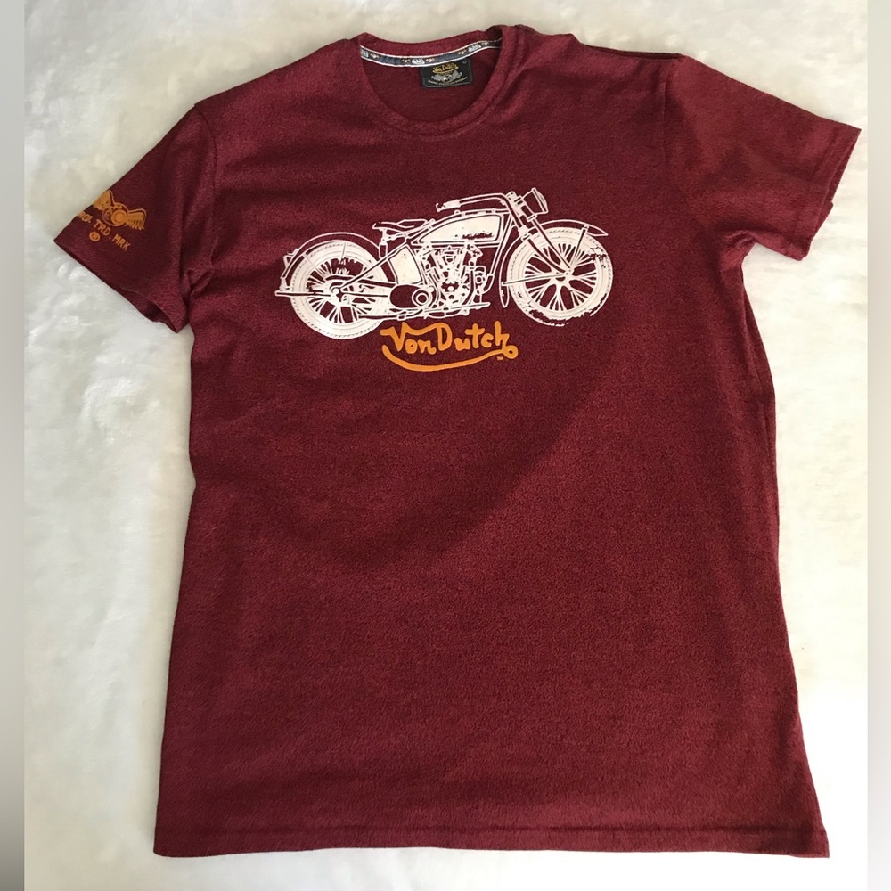 Von Dutch Maroon Short Sleeve Tee with White & Gold Motorcycle Graphic